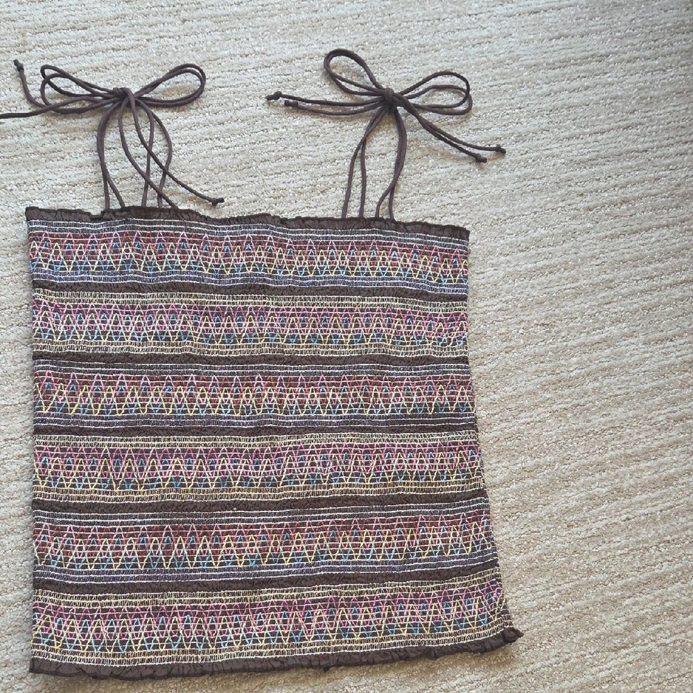 Brown Multicolor Smocked Tube Camisole with Tie Straps